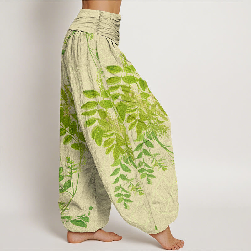 Buddha Stones Cotton Green Leaves Branches Women's Elastic Waist Harem Pants - image 2