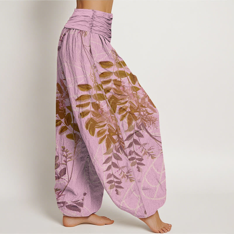 Buddha Stones Cotton Green Leaves Branches Women's Elastic Waist Harem Pants - image 6