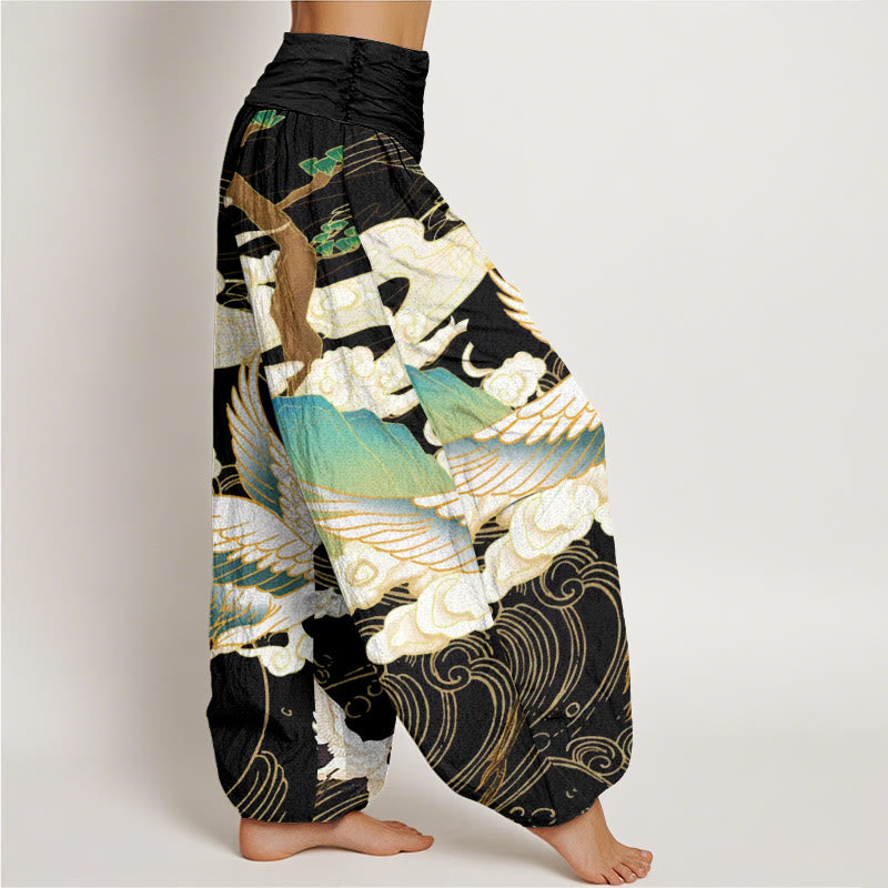 Buddha Stones Cotton Flying Cranes Auspicious Clouds Tree women's Elastic Waist Harem Pants - image 1