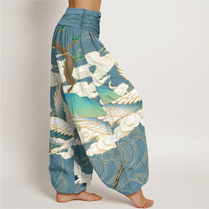 Buddha Stones Cotton Flying Cranes Auspicious Clouds Tree women's Elastic Waist Harem Pants - image 8