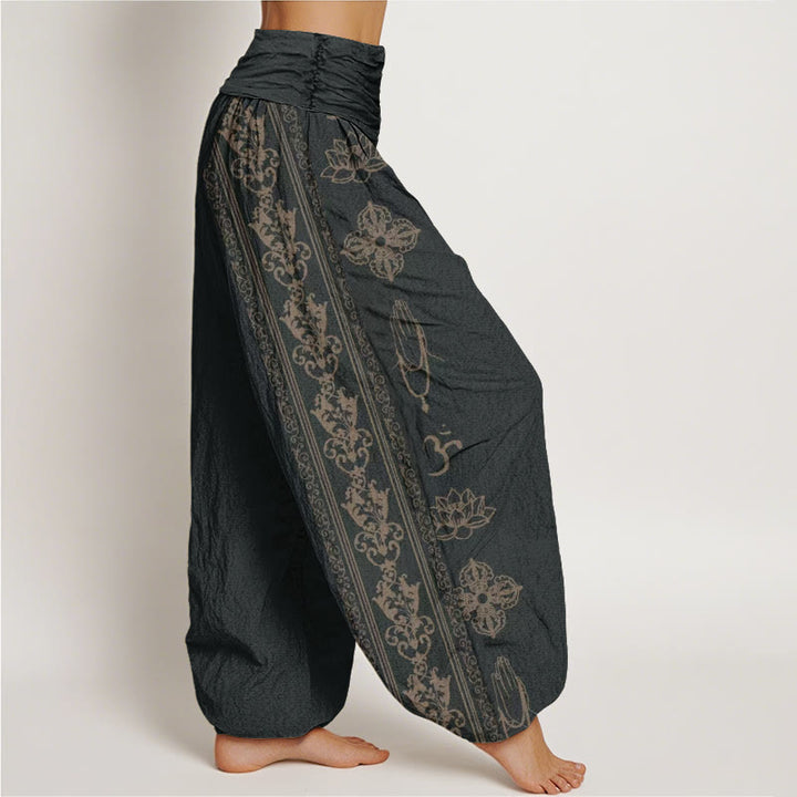 Buddha Stones Cotton Lotus Flowers Double Dorje Vajra Namaste Om Design Women's Elastic Waist Harem Pants - image 2