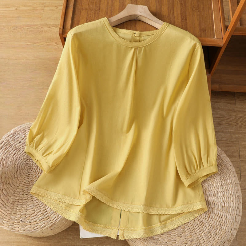 Buddha Stones Plain Lace Hem Single Breasted Button Cotton Linen Three Quarter Sleeve Women's Crew Neck Shirt - Khaki - US14，UK/AU18，EU46 (2XL) - image 0
