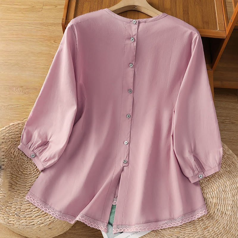 Buddha Stones Plain Lace Hem Single Breasted Button Cotton Linen Three Quarter Sleeve Women's Crew Neck Shirt - image 19
