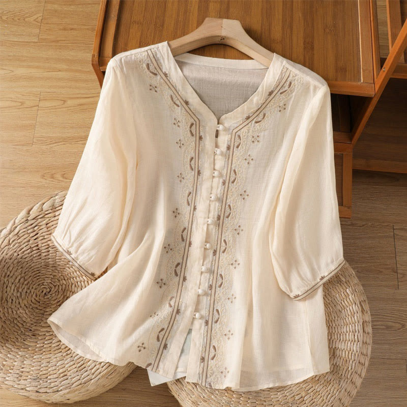 Buddha Stones Casual Embroidery Frog-Button Polyester Half Sleeve Women's V-neck Shirt - Beige - US12，UK/AU16，EU44 (2XL) - image 0