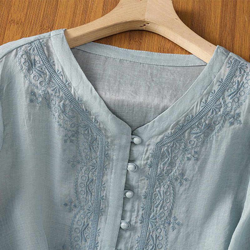 Buddha Stones Casual Embroidery Frog-Button Polyester Half Sleeve Women's V-neck Shirt - image 9