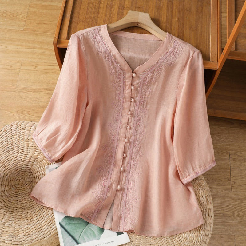 Buddha Stones Casual Embroidery Frog-Button Polyester Half Sleeve Women's V-neck Shirt - MistyRose - US12，UK/AU16，EU44 (2XL) - image 24