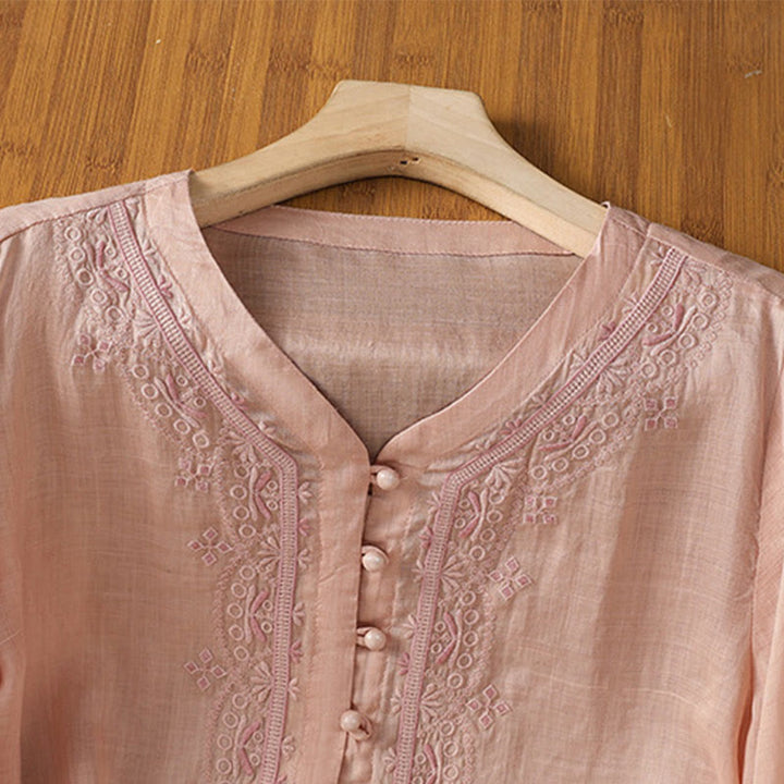 Buddha Stones Casual Embroidery Frog-Button Polyester Half Sleeve Women's V-neck Shirt - image 29