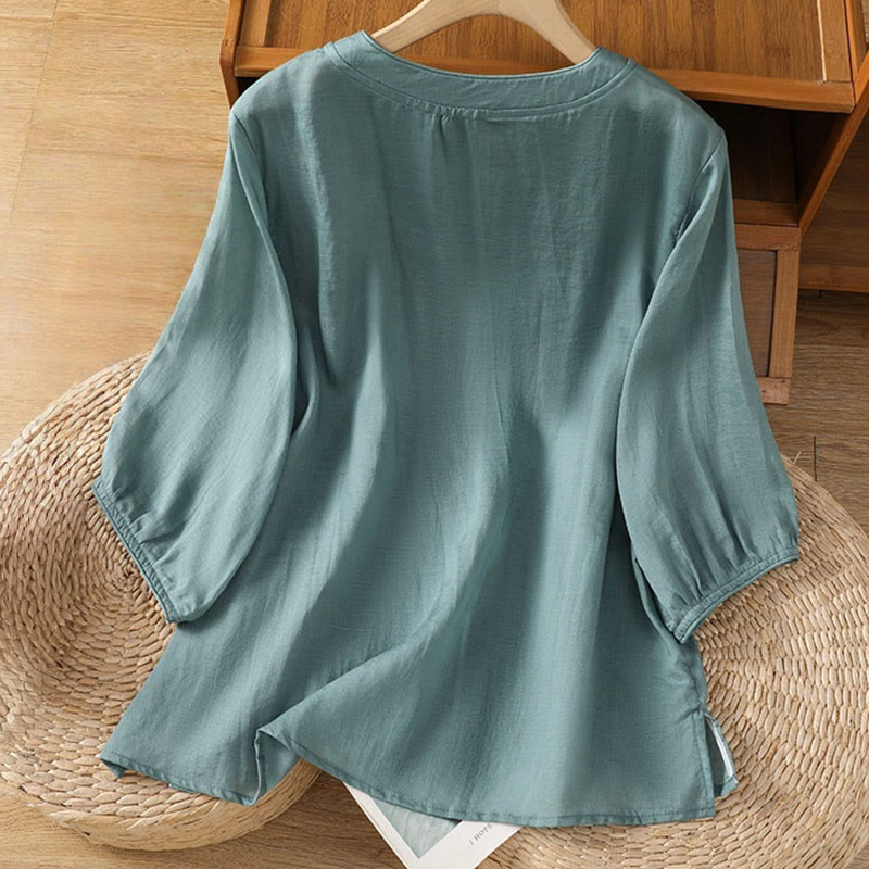 Buddha Stones Casual Embroidery Frog-Button Cotton Polyester Half Sleeve Women's Stand Collar Shirt - image 7