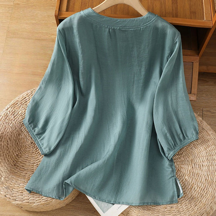 Buddha Stones Casual Embroidery Frog-Button Cotton Polyester Half Sleeve Women's Stand Collar Shirt - image 7