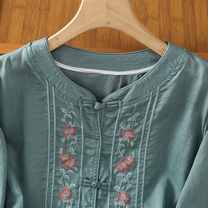 Buddha Stones Casual Embroidery Frog-Button Cotton Polyester Half Sleeve Women's Stand Collar Shirt - image 8
