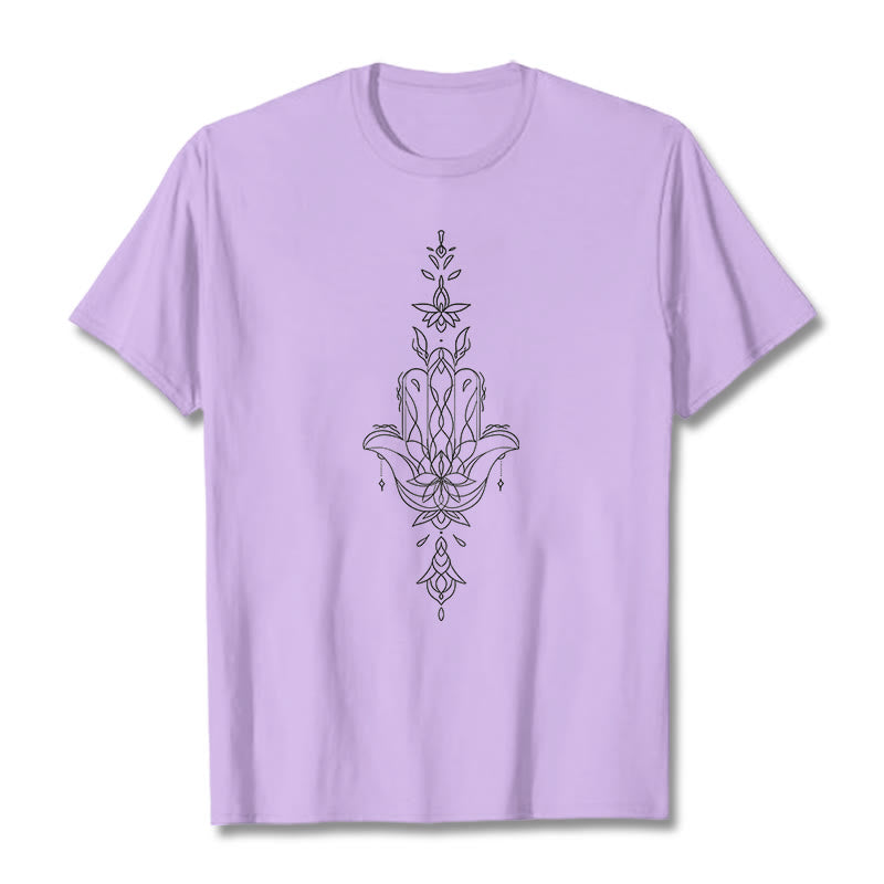 Buddha Stones Hamsa Hand Lotus Flower Pattern Tee T-shirt - Plum - 2XL - image 17