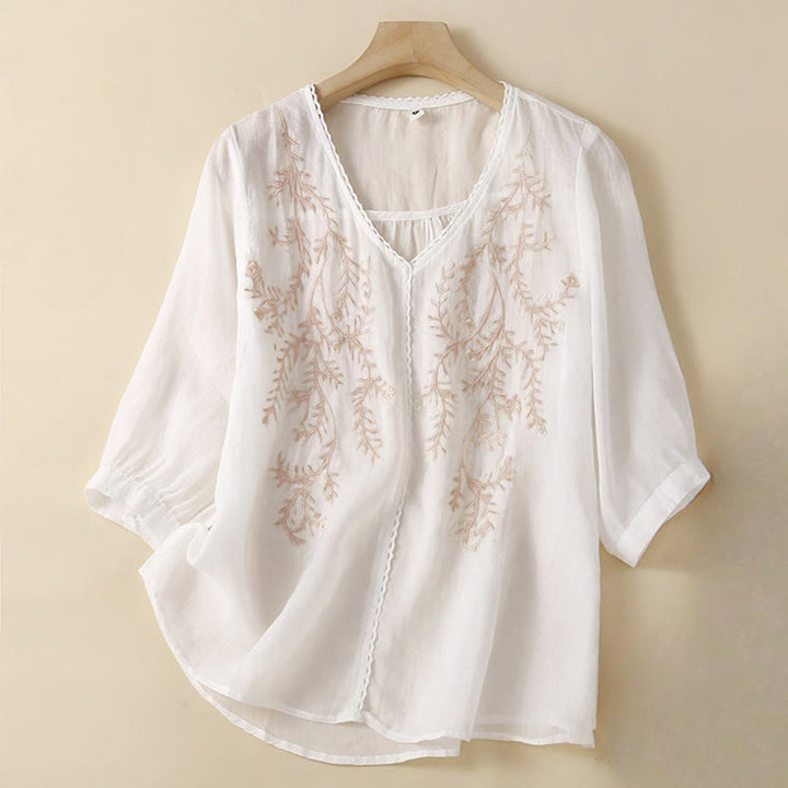 Buddha Stones Summer Casual Flower Branches Embroidered Pattern V-Neck Half Sleeve Women's T-shirt - White - US8-10，UK/AU12-14，EU40-42 (2XL) - image 6