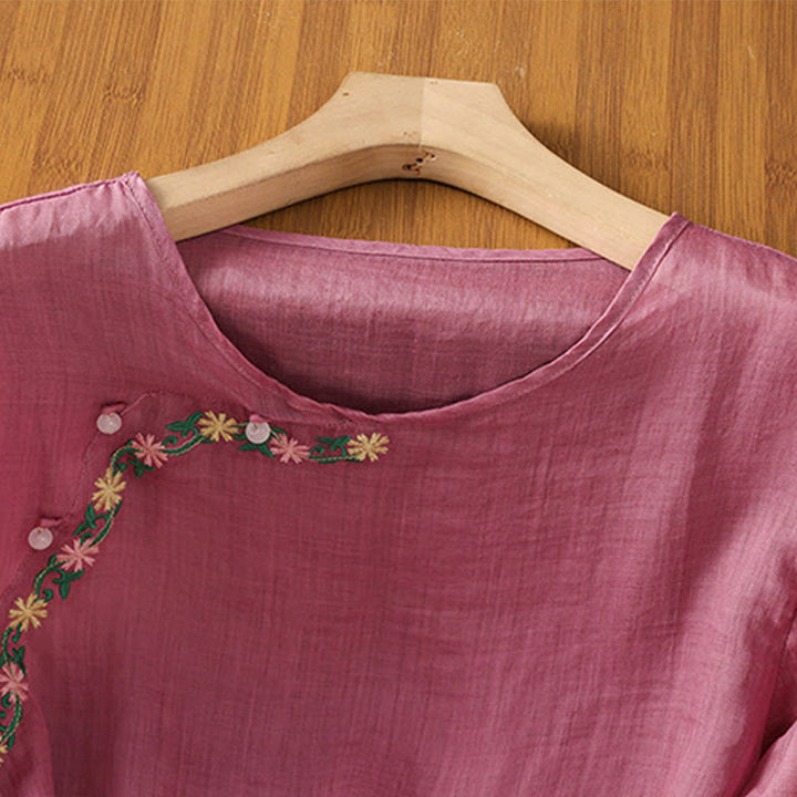 Buddha Stones Casual Embroidery Flowers Cotton Polyester Half Sleeve Women's Crew Neck Shirt - image 14