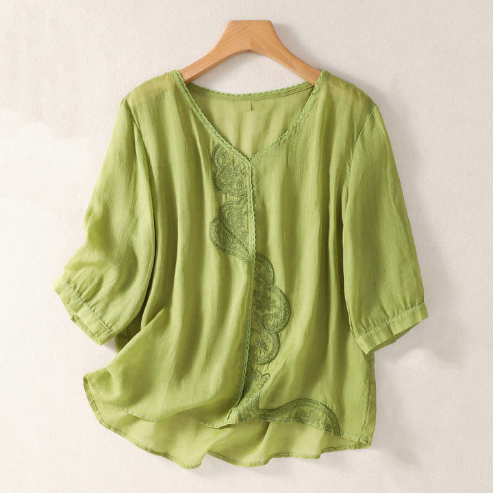 Buddha Stones Casual Embroidered Pattern Women's V-neck Design Half Sleeve T-shirt - YellowGreen - US14，UK/AU18，EU46 (2XL) - image 13