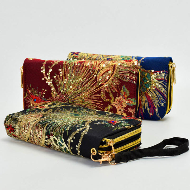 Buddha Stones Peacock Double-sided Embroidery Cash Holder Wallet Shopping Purse - image 0