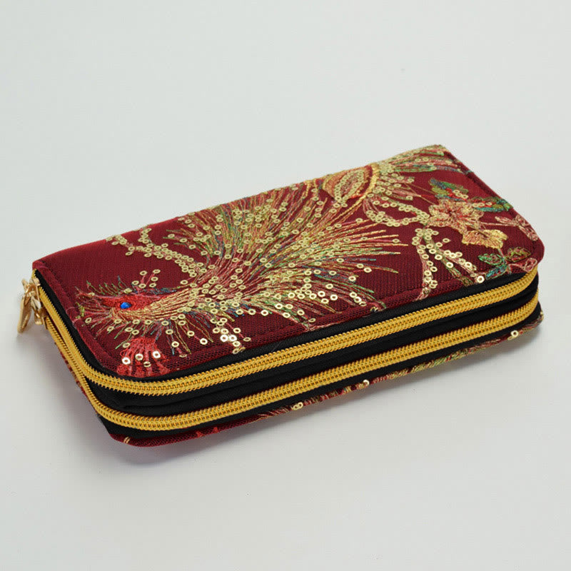 Buddha Stones Peacock Double-sided Embroidery Cash Holder Wallet Shopping Purse - Wine Red Peacock - image 8
