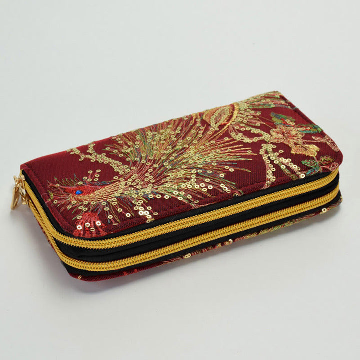 Buddha Stones Peacock Double-sided Embroidery Cash Holder Wallet Shopping Purse - Wine Red Peacock - image 8