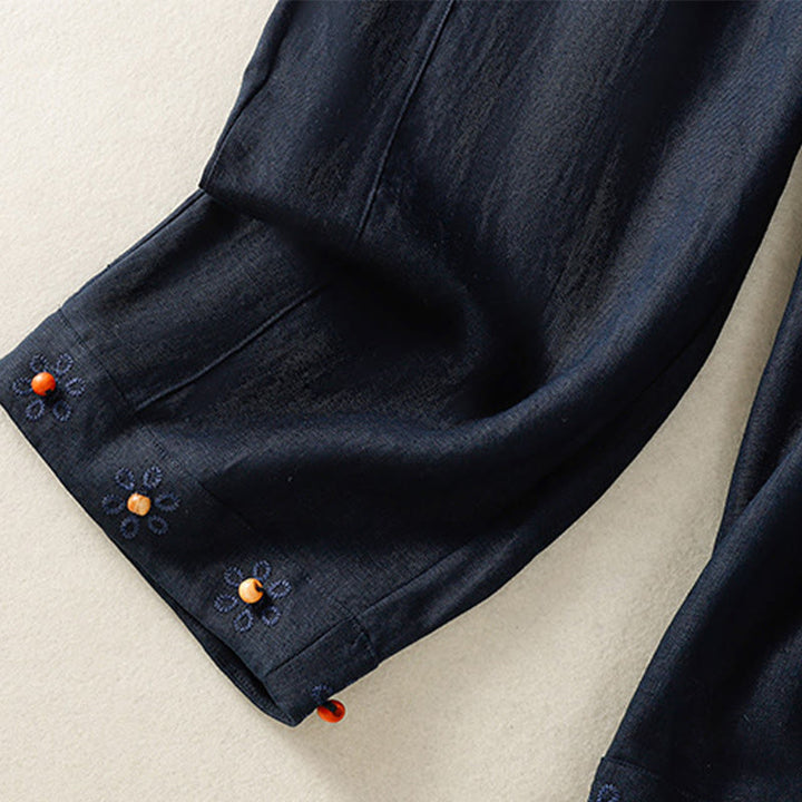 Buddha Stones Casual Embroided Bead Drawstring Women's Wide Leg Cotton Pants With Pockets - image 4