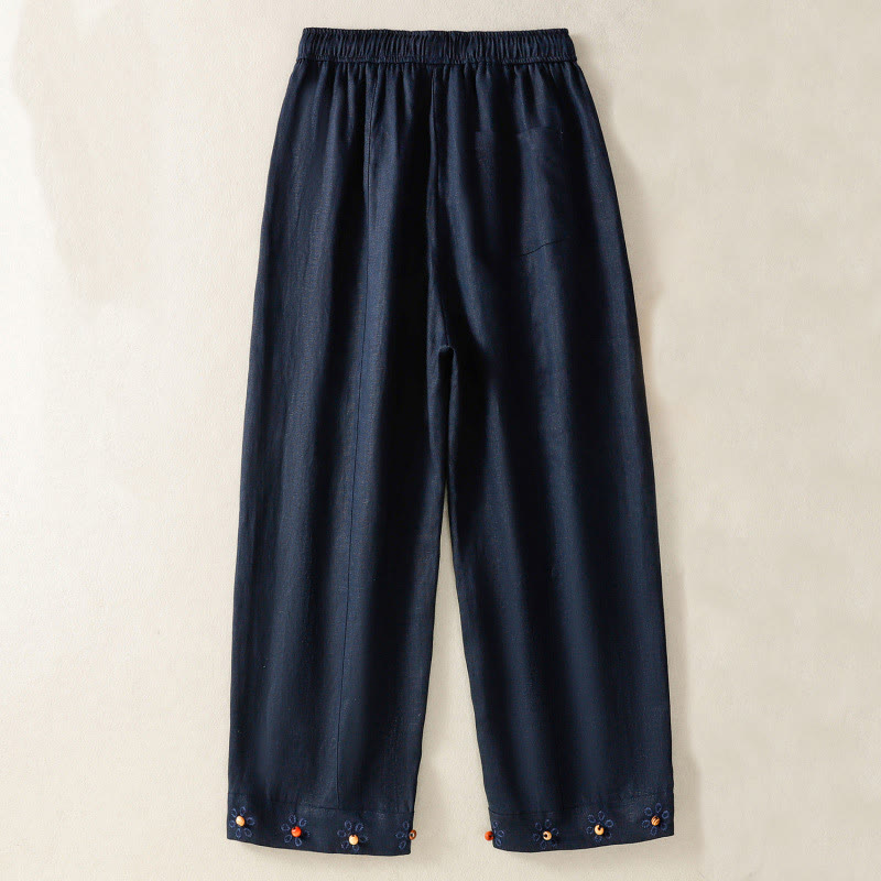 Buddha Stones Casual Embroided Bead Drawstring Women's Wide Leg Cotton Pants With Pockets - image 1