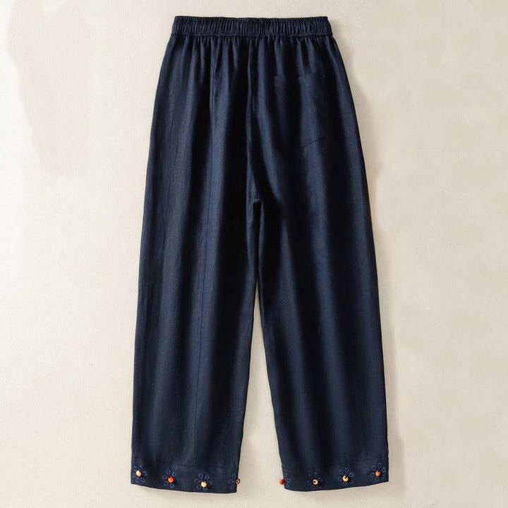 Buddha Stones Casual Embroided Bead Drawstring Women's Wide Leg Cotton Pants With Pockets - image 1