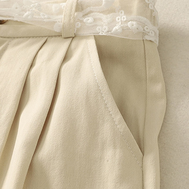 Buddha Stones Daily Solid Color Lace Belt Women's Wide Leg Cotton Pants With Pockets - image 2