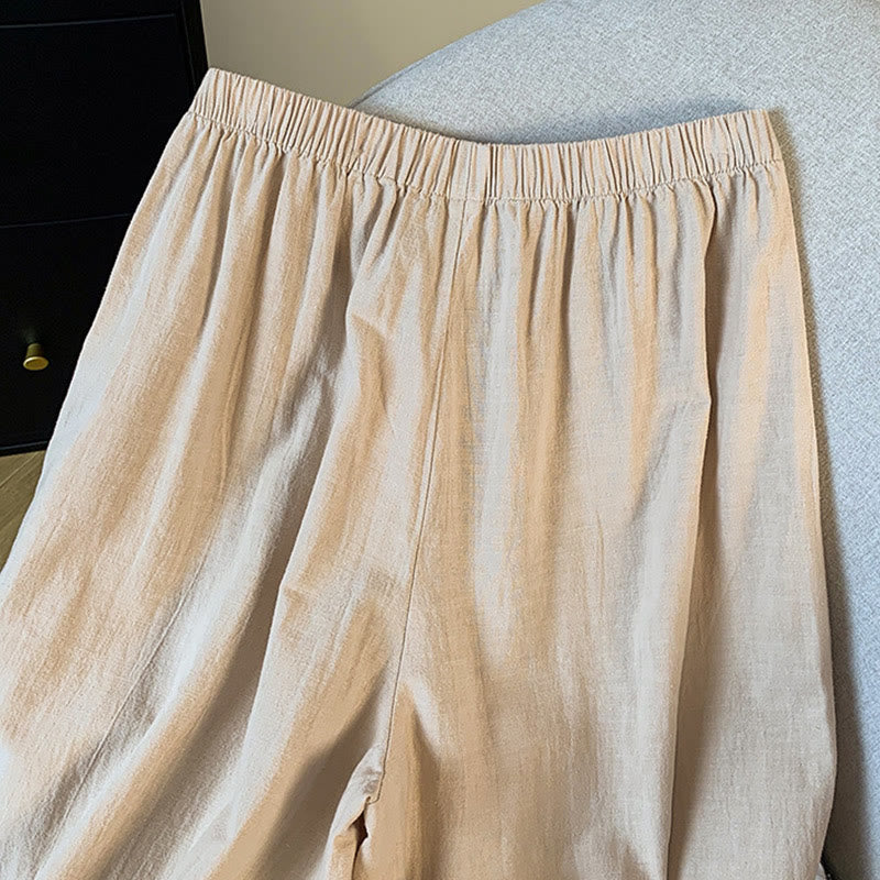 Buddha Stones Casual Beige Embroidery Women's Wide Leg Cotton Linen Pants With Pockets - image 6