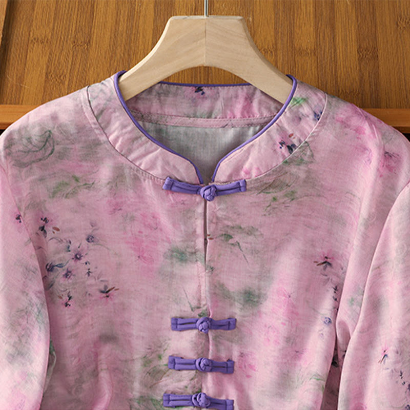 Buddha Stones Printing Floral Plain Chinese Frog-Button Women's Cotton Three Quarter Sleeve Shirt - image 17