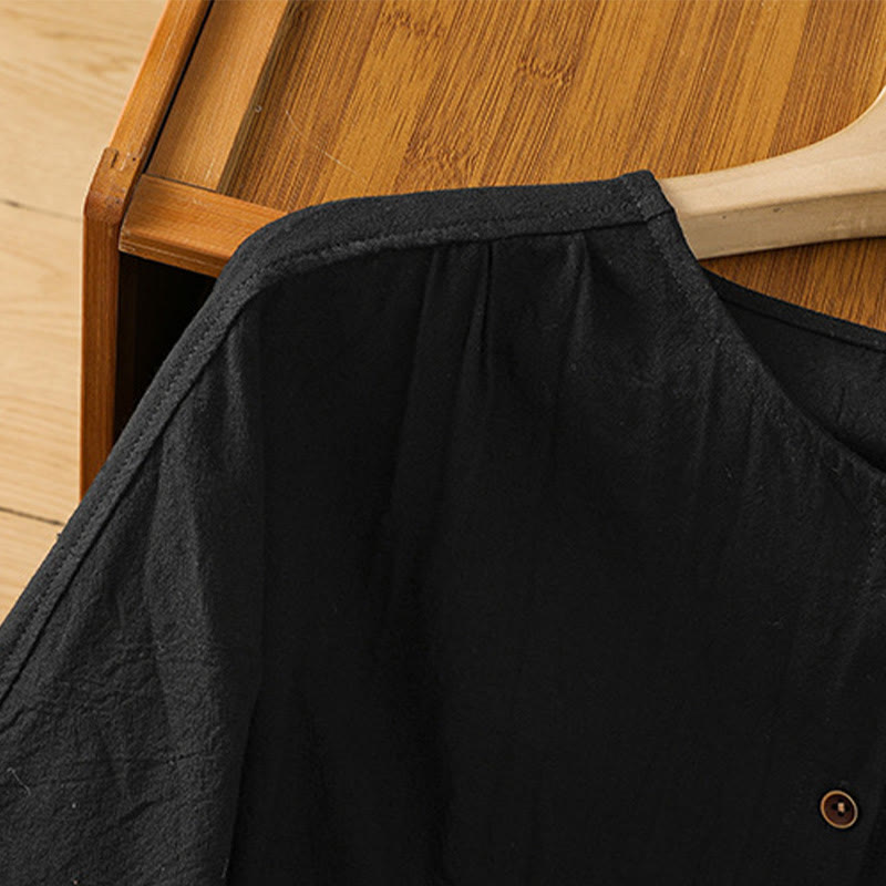 Buddha Stones Casual Plain Buttons Half Sleeve Women's Cotton Linen Shirt With Pocket - image 11