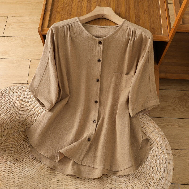 Buddha Stones Casual Plain Buttons Half Sleeve Women's Cotton Linen Shirt With Pocket - Goldenrod - US8-10，UK/AU12-14，EU40-42 (2XL) - image 25