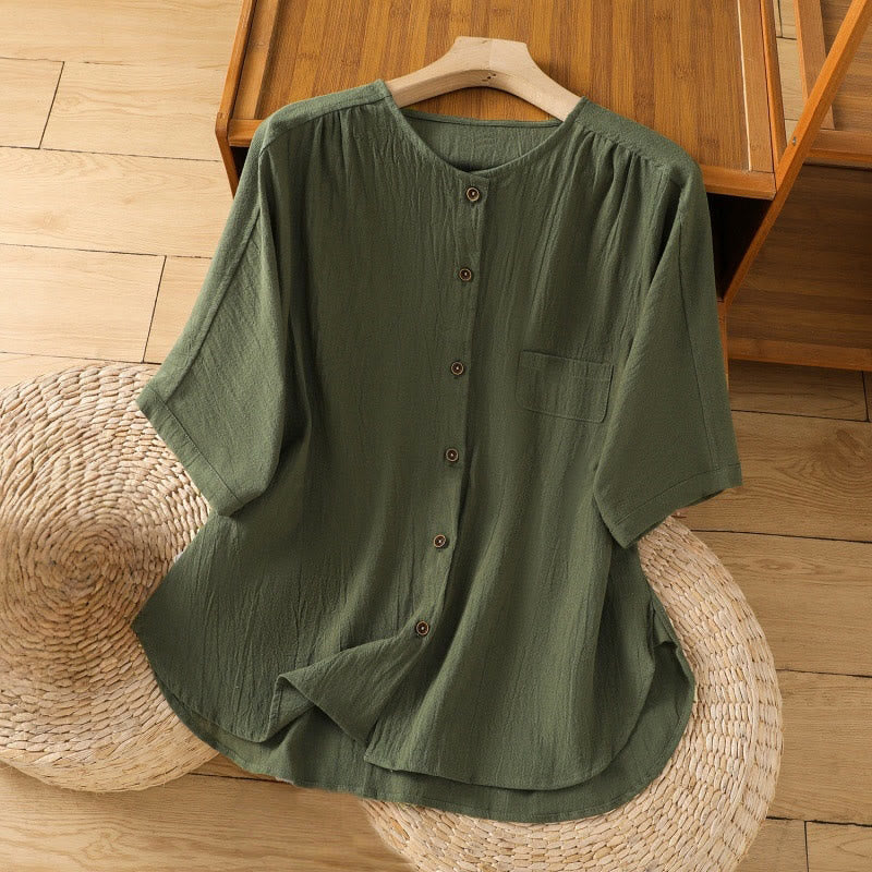 Buddha Stones Casual Plain Buttons Half Sleeve Women's Cotton Linen Shirt With Pocket - DarkGreen - US8-10，UK/AU12-14，EU40-42 (2XL) - image 0