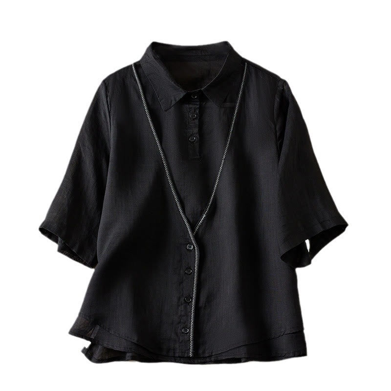 Buddha Stones Retro Plain Fake Two Pieces Button Half Sleeve Design Women's Cotton Linen Shirt - image 34