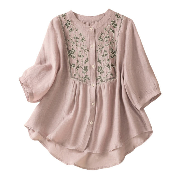 Buddha Stones Embroidery Single Breasted Women's Cotton Linen Three Quarter Sleeve Shirt - image 17