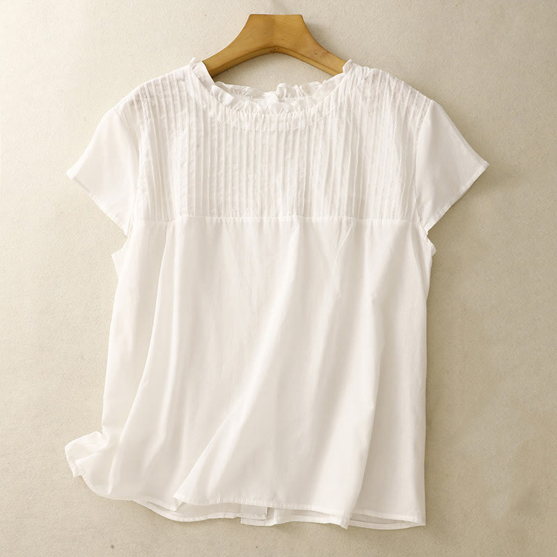 Buddha Stones Summer Pure Color Ruffled Pleated Design Women's Short Sleeve Shirt - White - US6，UK/AU10，EU38 (2XL) - image 11