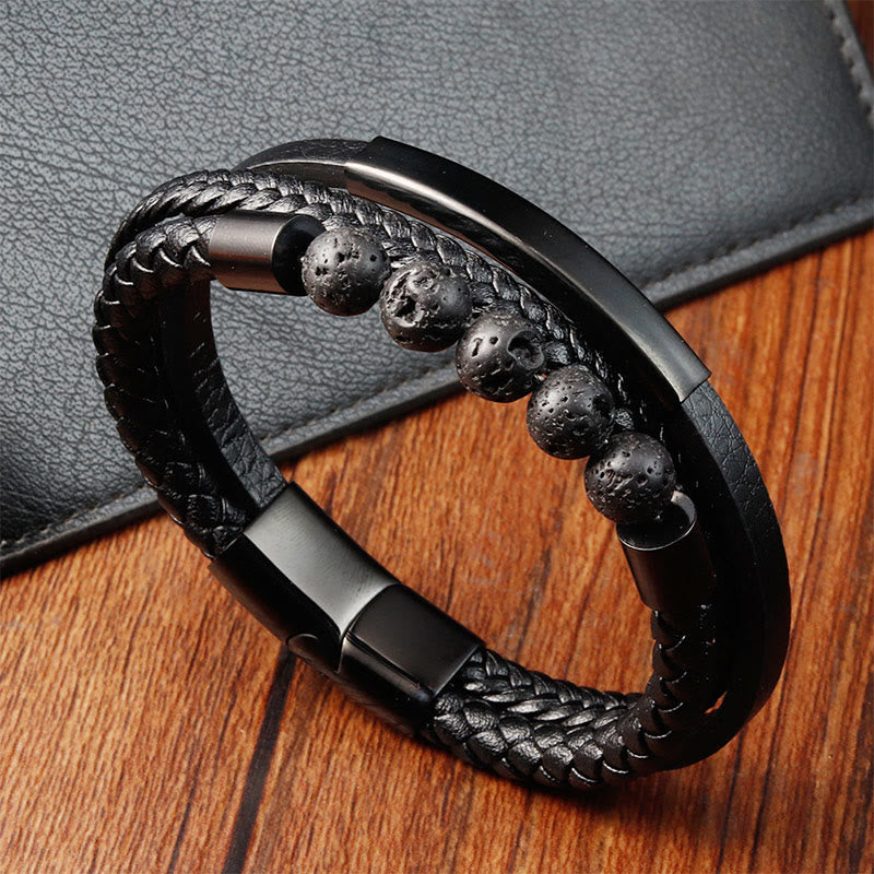 Buddha Stones Leather Titanium Steel Lava Rock Strengthen Buckle Bracelet - Black(Perimeter: 21cm) - image 0