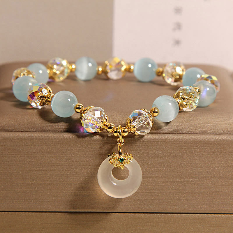 Buddha Stones Blue Cat's Eye White Crystal Peace Buckle Meaning Balance Bracelet - Blue Cat's Eye(Wrist Circumference: 15-19cm) - image 0