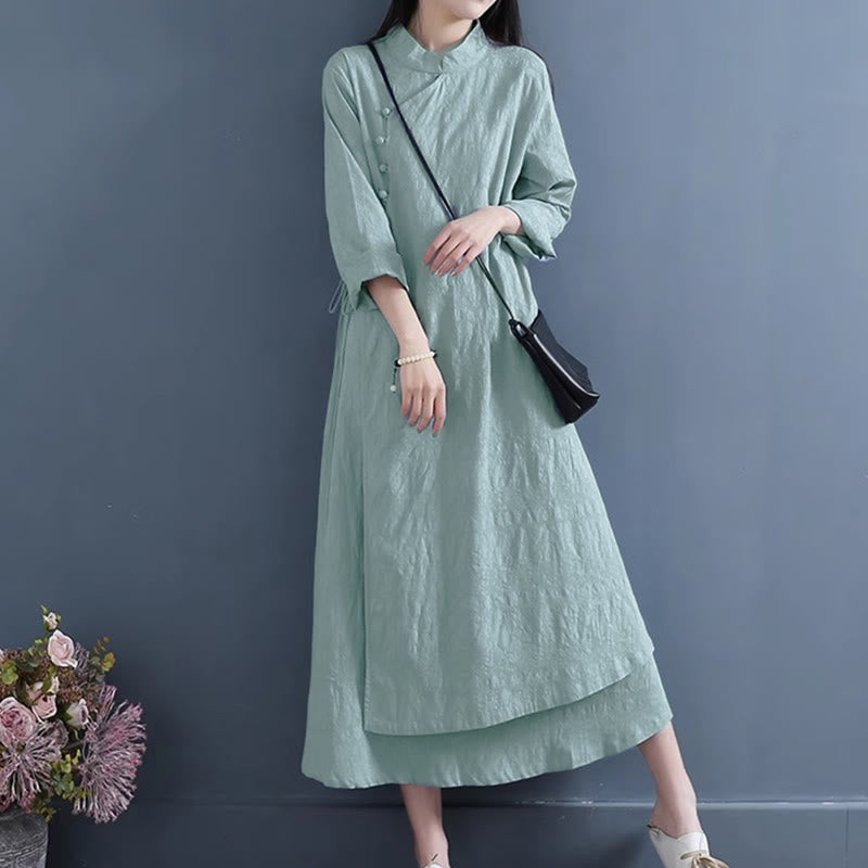 Buddha Stones Spring Casual Plain Frog-Button Design Side Lace-Up Cotton Linen Midi Dress - image 8