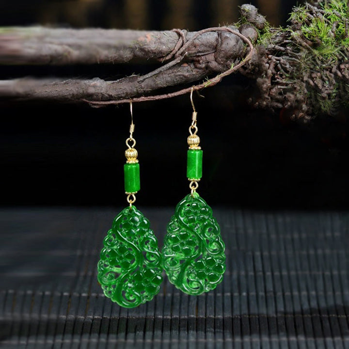 Buddha Stones Water Droplet Hollow Shape Jade Red Agate 925 Sterling Silver Luck Earrings - Jade & Silver Posts - image 6