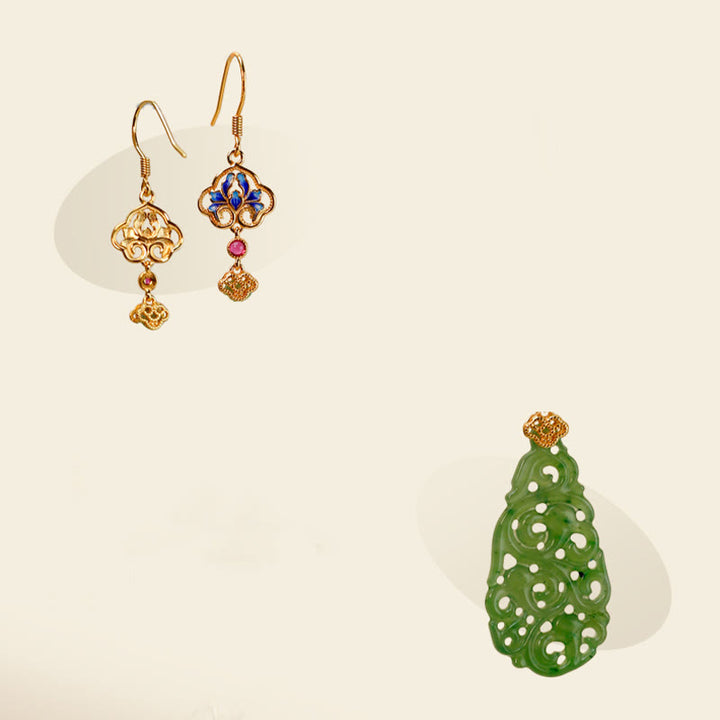 Buddha Stones Hollow Hetian Jade Enamel 925 Sterling Silver Prosperity Earrings - image 13