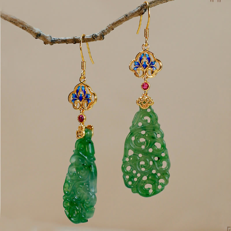 Buddha Stones Hollow Hetian Jade Enamel 925 Sterling Silver Prosperity Earrings - image 2