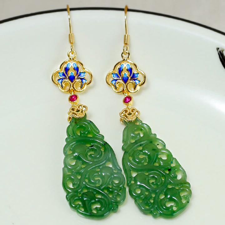 Buddha Stones Hollow Hetian Jade Enamel 925 Sterling Silver Prosperity Earrings - image 9