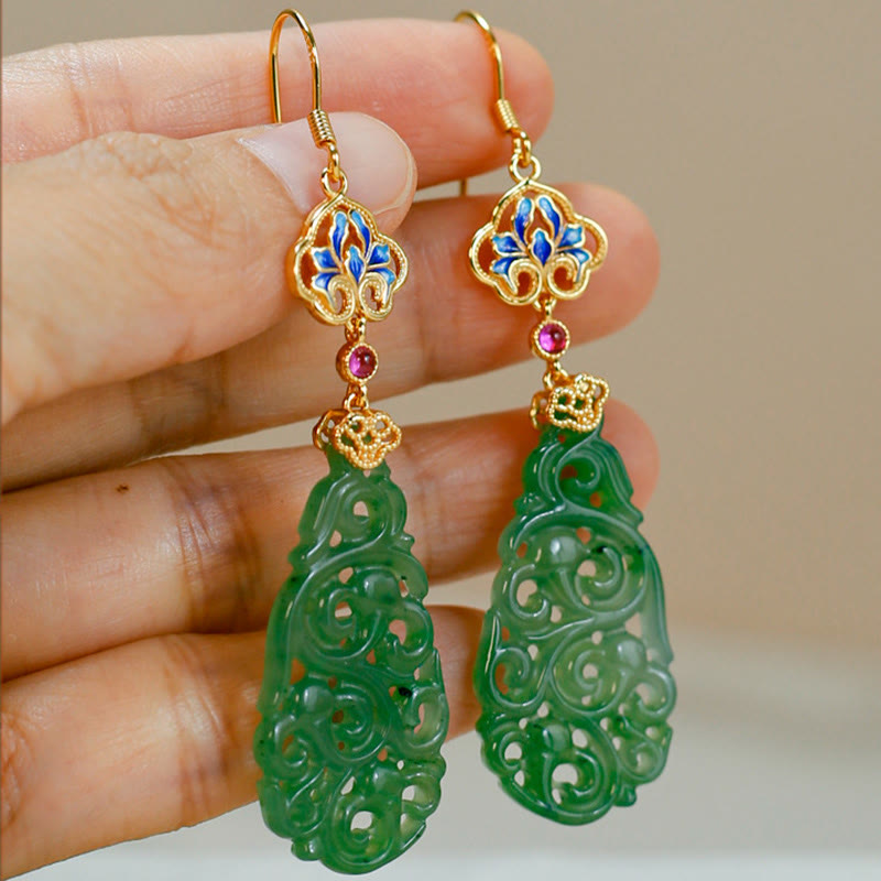 Buddha Stones Hollow Hetian Jade Enamel 925 Sterling Silver Prosperity Earrings - image 12