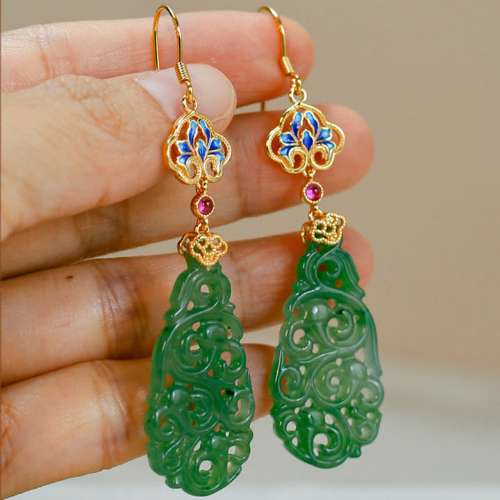 Buddha Stones Hollow Hetian Jade Enamel 925 Sterling Silver Prosperity Earrings - image 12