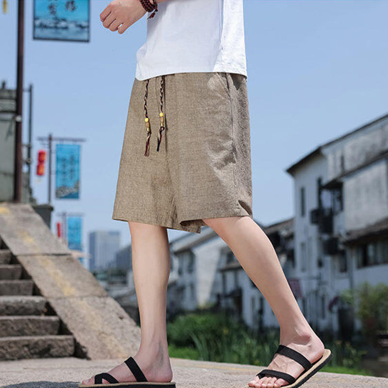 Buddha Stones Weaving Waist Rope Beads Cropped Linen Men's Shorts With Pockets - image 5