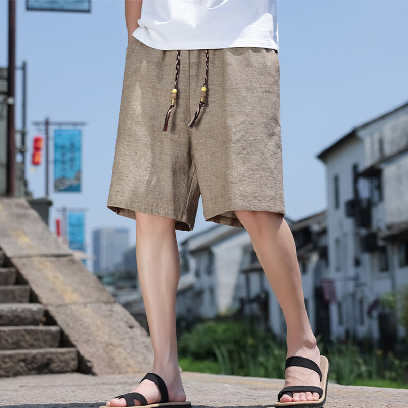Buddha Stones Weaving Waist Rope Beads Cropped Linen Men's Shorts With Pockets - image 3