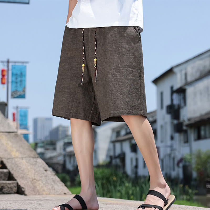 Buddha Stones Weaving Waist Rope Beads Cropped Linen Men's Shorts With Pockets - image 8