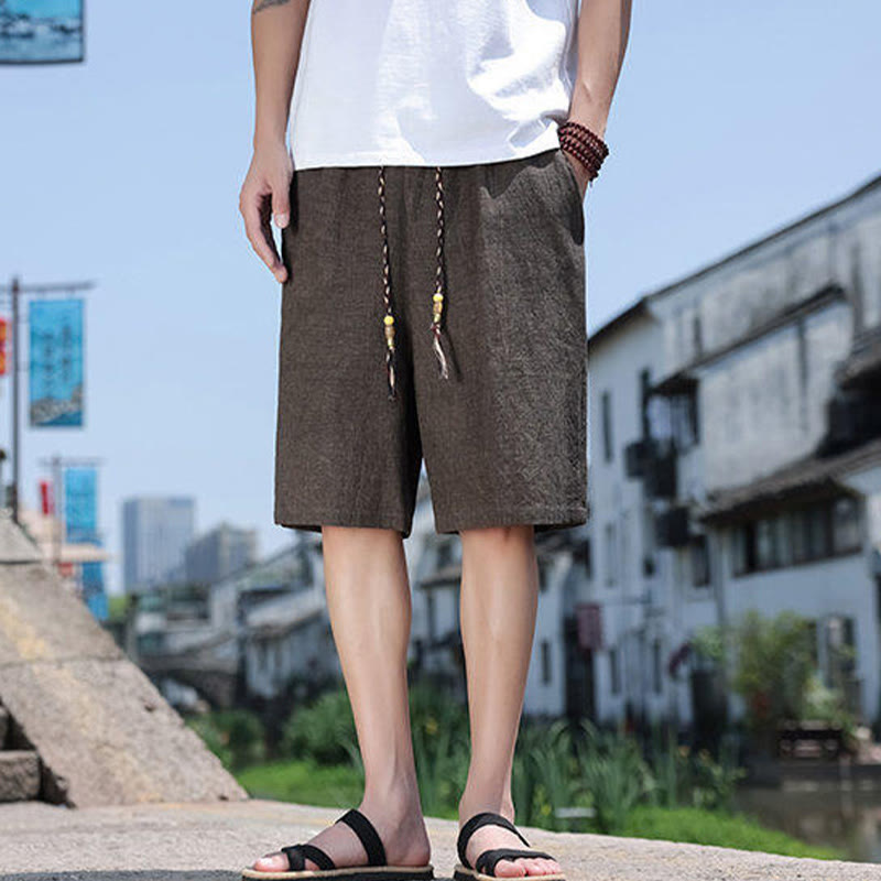 Buddha Stones Weaving Waist Rope Beads Cropped Linen Men's Shorts With Pockets - image 9