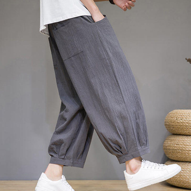 Buddha Stones Casual Plain Men's Cotton 7-8 Length Harem Pants With Pockets - image 5