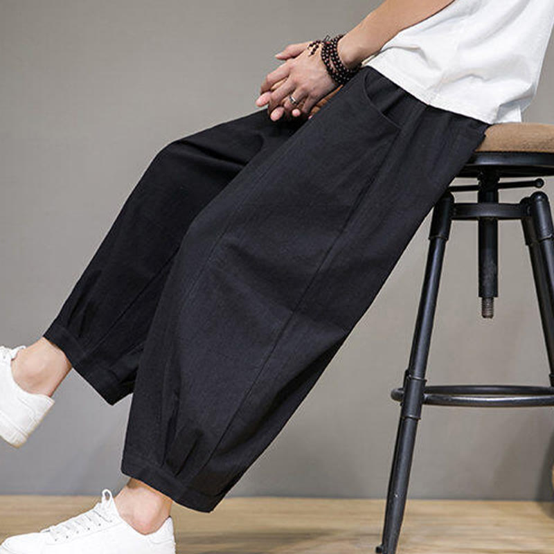 Buddha Stones Casual Plain Men's Cotton 7-8 Length Harem Pants With Pockets - image 26