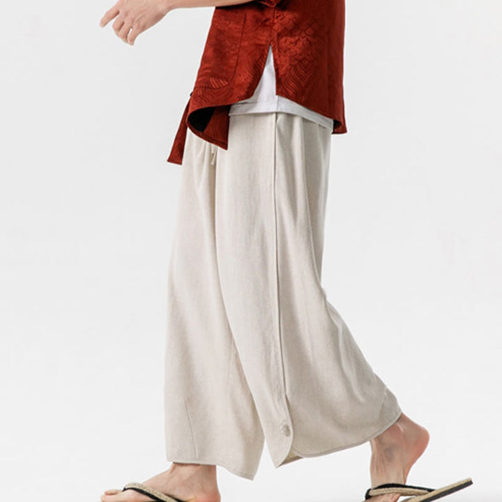 Buddha Stones Casual Loose Frog-Button Plain Men's Cotton Linen 7-8 Length Pants With Pockets - image 2