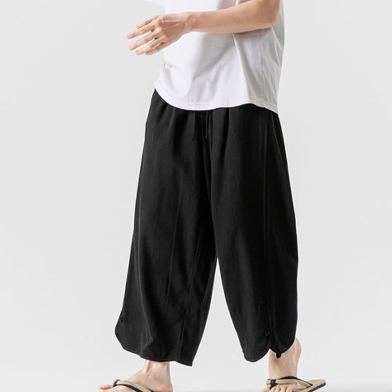Buddha Stones Casual Loose Frog-Button Plain Men's Cotton Linen 7-8 Length Pants With Pockets - image 25